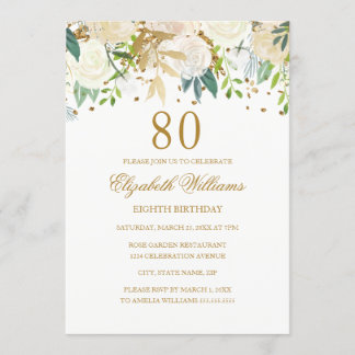 80. Geburtstag Elegant Goldene Flora Einladung