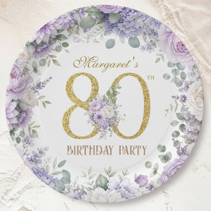 80. Geburtstag Elegant Staubig Violett & Gold Blum Pappteller