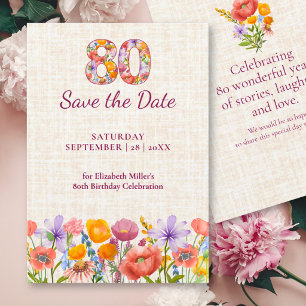 80. Geburtstag Elegante Florale Leinen-Garten Save The Date