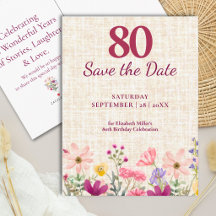 80. Geburtstag Elegante Florale Leinen Save-the-Da
