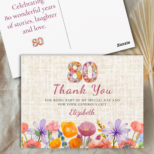 80. Geburtstag - Elegante Florale Nummer 80 Dankes Postkarte