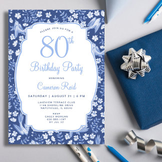 80. Geburtstag Elegantes Blau Florales Weibliches Einladung