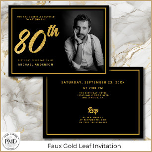 80. Geburtstag Elegantes Foto Black Gold Einladung