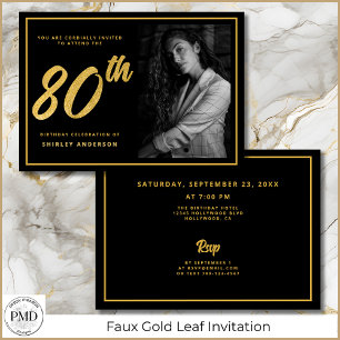 80. Geburtstag Elegantes Foto Black Imitats Gold L Einladung