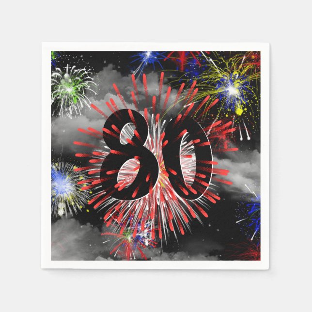 80. Geburtstag Feuerwerk in Wolken Napkins Serviette (Vorderseite)