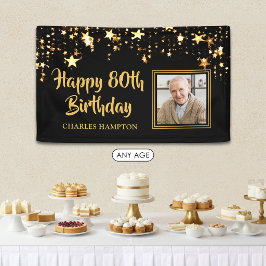 80. Geburtstag Foto Black Gold Stars Personalisier Banner