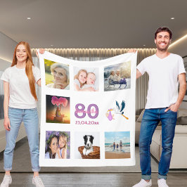 80. Geburtstag Foto Collage weiß Fleecedecke