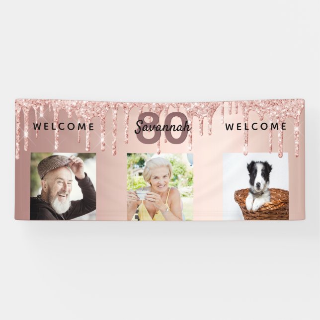 80. Geburtstag Foto Rose Gold Glitzer funkeln Banner (Horizontal)