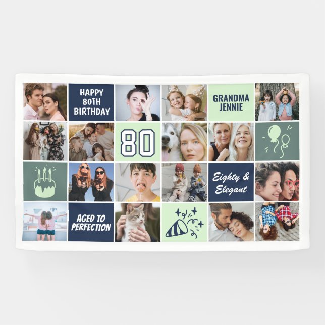 80. Geburtstag Fotocollage Benutzerdefiniert Mint  Banner (Horizontal)
