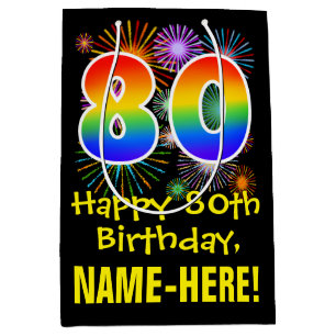 80. Geburtstag: Fun Fireworks Muster + Regenbogen  Mittlere Geschenktüte
