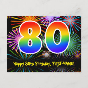 80. Geburtstag - Fun Fireworks Pattern + Rainbow 8 Postkarte
