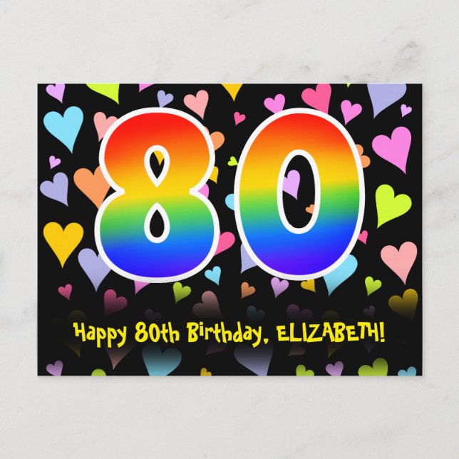 80. Geburtstag: Fun Hearts Muster, Regenbogen 80 Postkarte (Vorderseite)