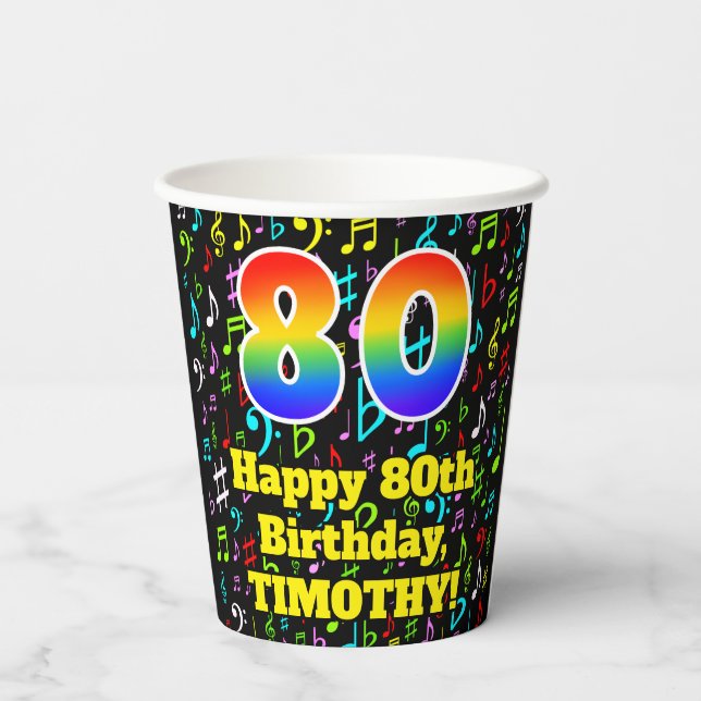 80. Geburtstag: Fun Musiknotens Pattern, Regenboge Pappbecher (Rückseite)