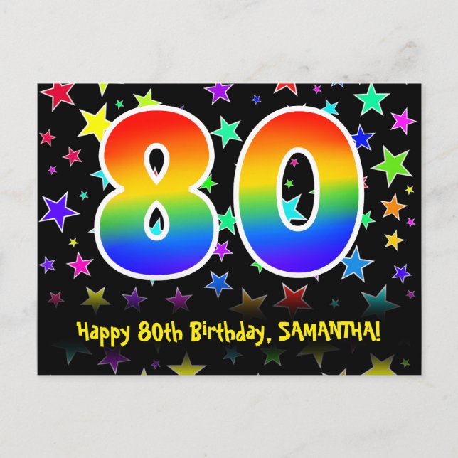80. Geburtstag: Fun Stars Muster, Regenbogen 80, N Postkarte (Vorderseite)
