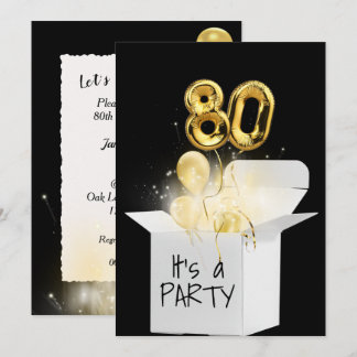 80. Geburtstag Gold Ballons in weißer Box Einladung