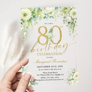 80. Geburtstag Gold Glitter Eukalyptus Weiße Blume Acryleinladungen