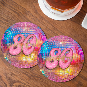 80. Geburtstag Gold Rosa Glitter Tanz Disco Kugel Runder Pappuntersetzer