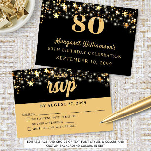80. Geburtstag Gold Stars Benutzerdefinierte Farbe RSVP Karte