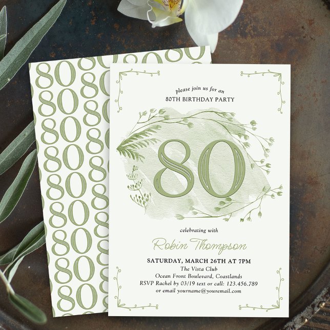80. Geburtstag Grüne Wildblume Nummer 80 Einladung (80th Birthday Invitation - buy professionally printed or as digital download for printing or sharing)
