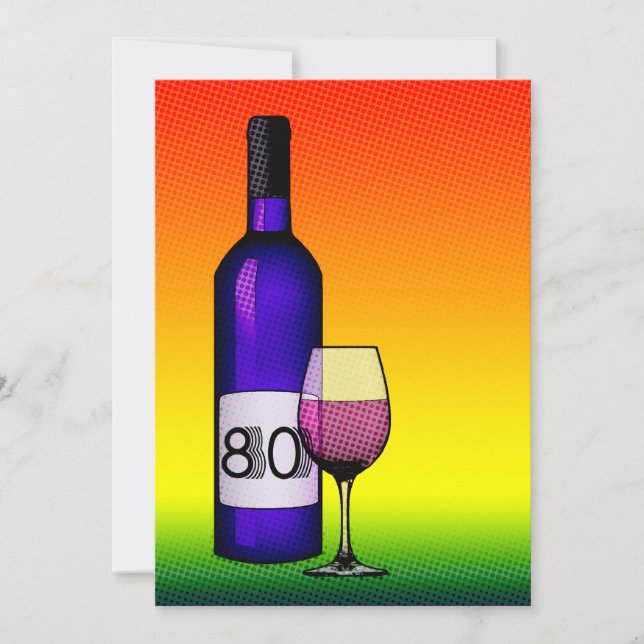 80. Geburtstag : halftone Weinflasche & Glas Einladung (Vorderseite)