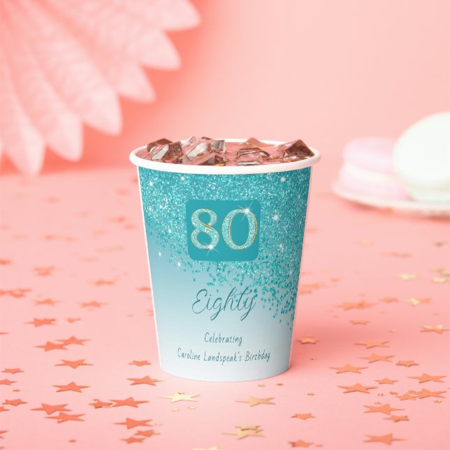 80. Geburtstag Klasse Falling Aquamarin Blue Glitz Pappbecher (Insitu)