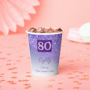 80. Geburtstag Klasse Falling Lila Glitzer Pappbecher