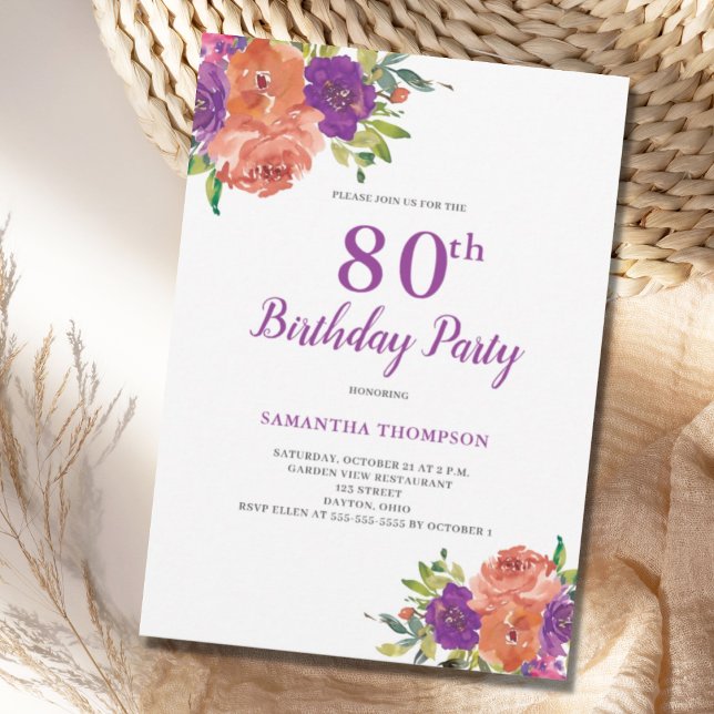 80. Geburtstag Lila Blumenbesuch Einladung (Von Creator hochgeladen)