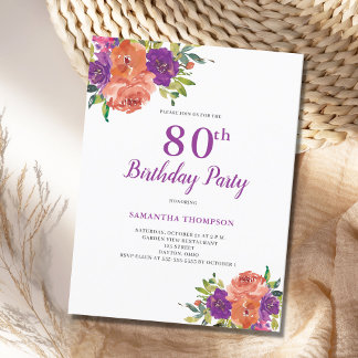 80. Geburtstag Lila Blumenbesuch Postkarte