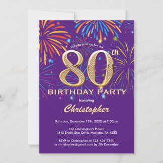 80. Geburtstag Lila und Gold Rainbow Fireworks Einladung