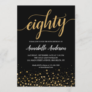 80. Geburtstag Modernes Black Gold Confetti Script Einladung