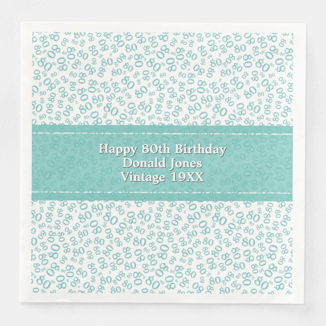 80. Geburtstag Modernes Zahlenmuster Aquamarin/wei Serviette (Vorderseite)