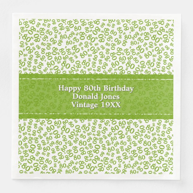 80. Geburtstag Modernes Zahlenmuster Grün/Weiß Serviette (Vorderseite)