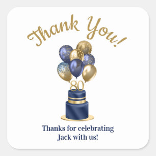 80. Geburtstag Navy Blau Ballon Torte Danke Quadratischer Aufkleber