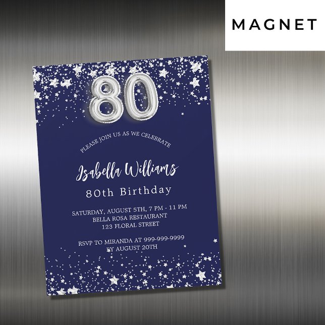 80. Geburtstag navy blauen Silber Sterne Luxus Magneteinladung (Von Creator hochgeladen)