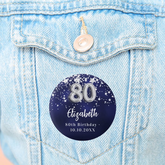 80. Geburtstag navy blauen Sterne Silber Button (Von Creator hochgeladen)