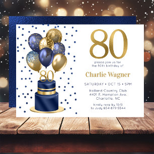 80. Geburtstag Navy-Blauer Ballontorte Einladung