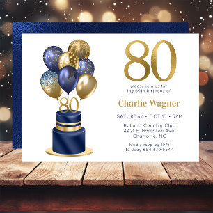 80. Geburtstag Navy-Blauer Ballontorte Einladung