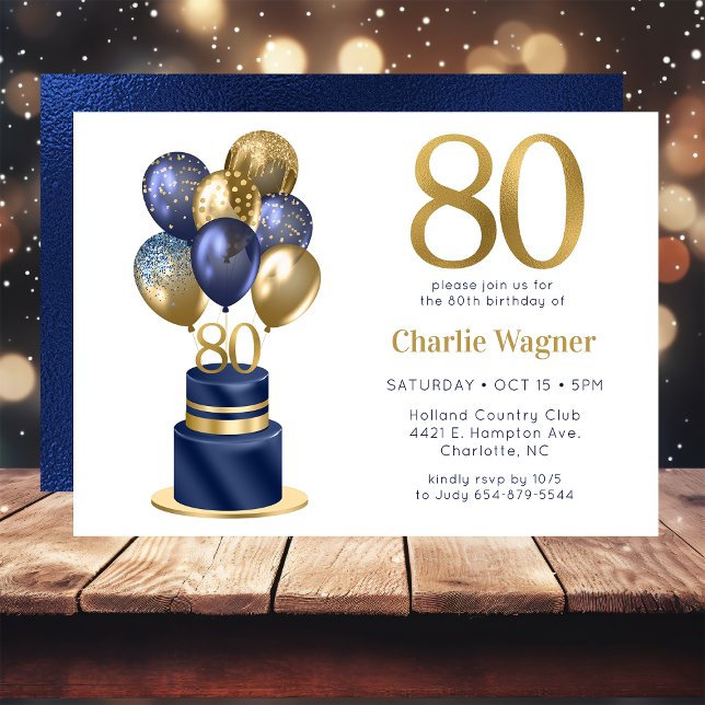 80. Geburtstag Navy-Blauer Ballontorte Einladung (Von Creator hochgeladen)