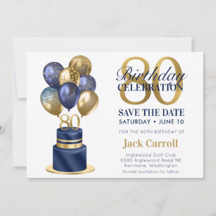 80. Geburtstag Navy-Blauer Ballontorte Save The Date