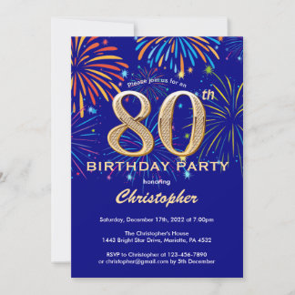 80. Geburtstag Navy Blue and Gold Rainbow Firework Einladung