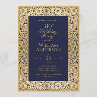 80. Geburtstag Navy Blue Gold Rose Elegant Vintag Einladung