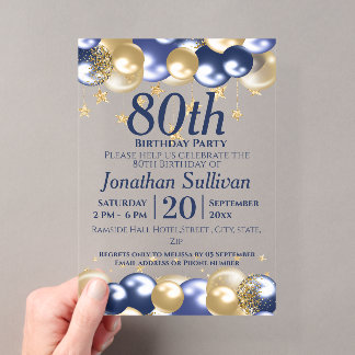 80. Geburtstag Navy Gold Ballons Party Acryleinladungen