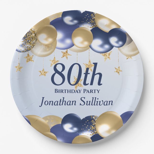 80. Geburtstag Navy Gold Ballons Party Pappteller (Vorderseite)
