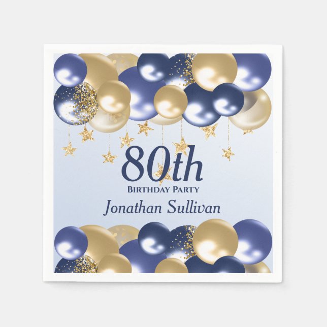 80. Geburtstag Navy Gold Ballons Party Serviette (Vorderseite)