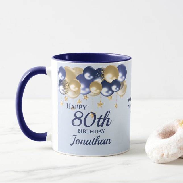 80. Geburtstag Navy Gold Ballons  Tasse (Mit Donut)