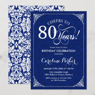 80. Geburtstag - Navy Weiß Damast Einladung