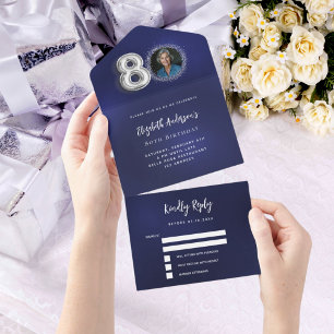 80. Geburtstag navyblau silbernes Foto-RSVP All In One Einladung