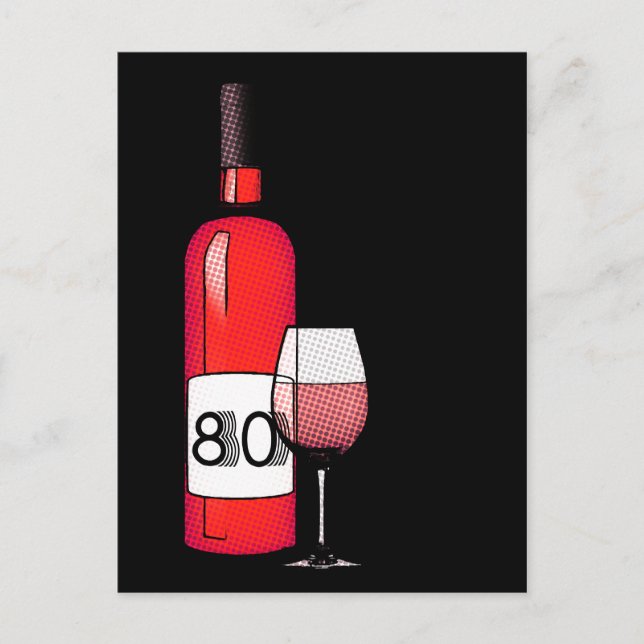 80. Geburtstag oder Jubiläum : Weinflasche & Glas Postkarte (Vorderseite)
