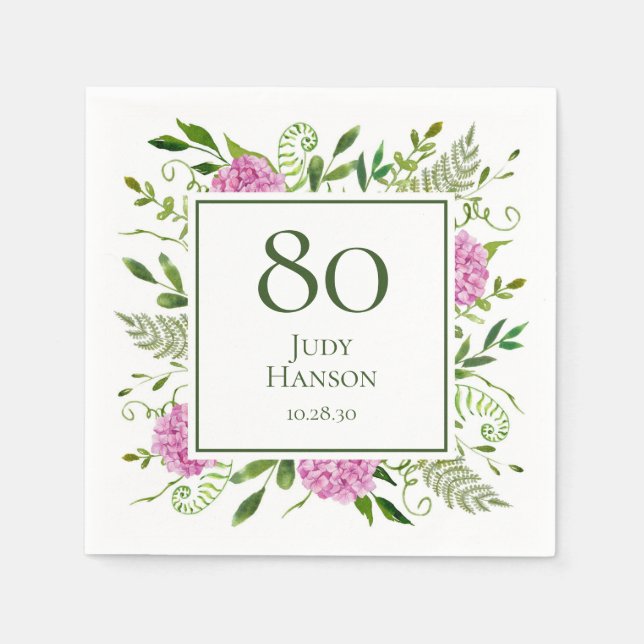 80. Geburtstag Pink Hydrangeas Serviette (Vorderseite)