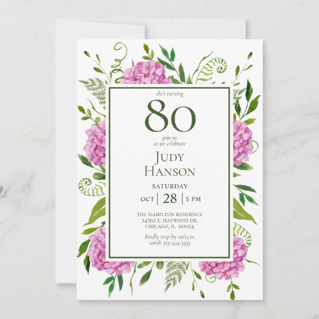 80. Geburtstag Pink Hydrangeen-Kartenanfrage  Einladung (Vorderseite)